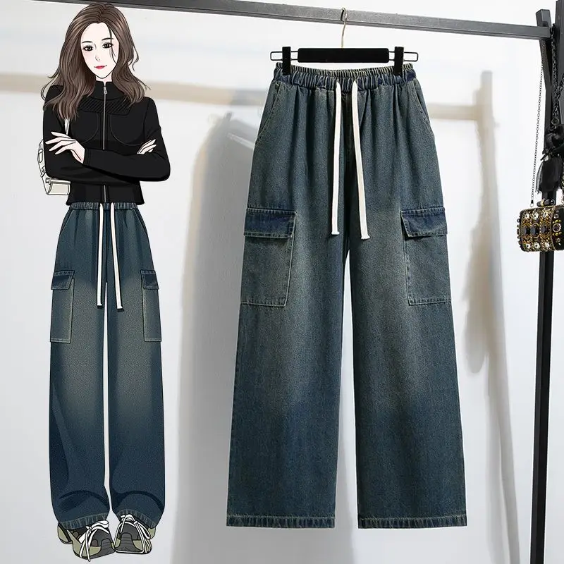 

Женские джинсы-карго в американском стиле с высокой талией, свободные, прямые, с эластичным поясом на шнурке, универсальные, широкие штанины