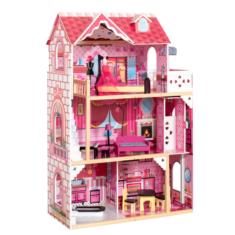 

Wooden Doll House with LED 3 Play Levels Furniture Accessories for 27 cm Doll Villa Dollhouse Children's Room Bedroom