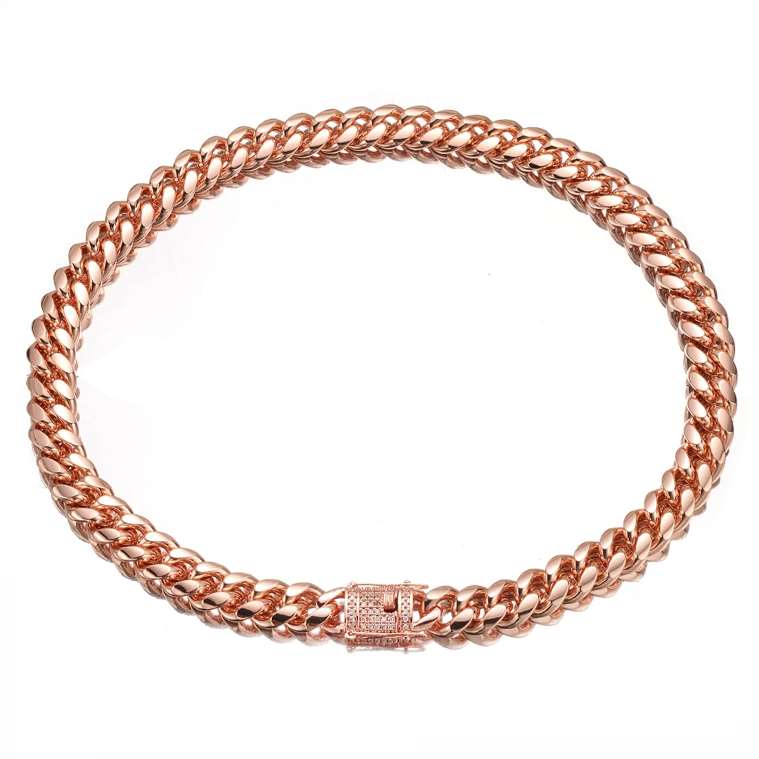 Granny Chic Curb Cuban Link Chain Necklace for Men Women, Rose Gold Tone Stainless Steel Jewelry with Bling CZ Clasp, 10mm/14mm