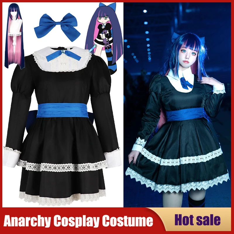 Disfraz de Cosplay de Anime Panty Stocking, Estilo Maid Lolita de Otoño, Vestido de Heroína Anarchy Stocking, Cinturón, Accesorios para la Cabeza, Peluca, Calcetines Largos, Traje con Lazo
