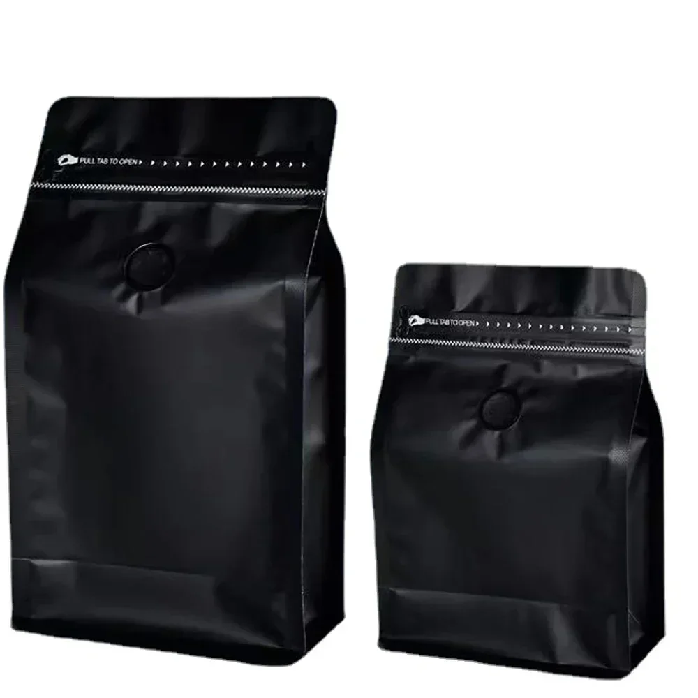 50pcs Matte Black 100g 250g 500g 1kg Roast Coffee Bean Powder Plastic Packaginge Bags with valve and Resealable Zipper