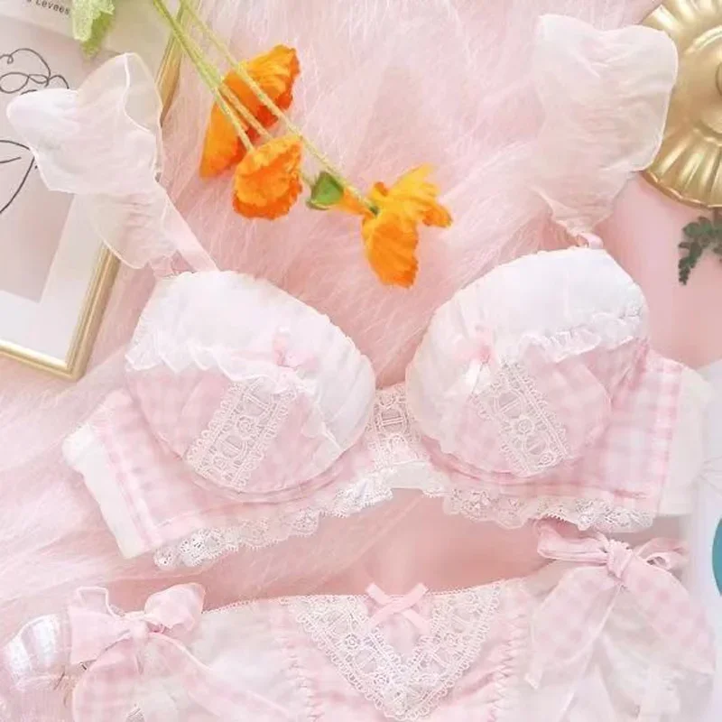 Japanese Loli Wind Underwear Female Pure Desire Wind Cute Plaid Small Breasts Gathered Anti-Sagging Lace Bra Set