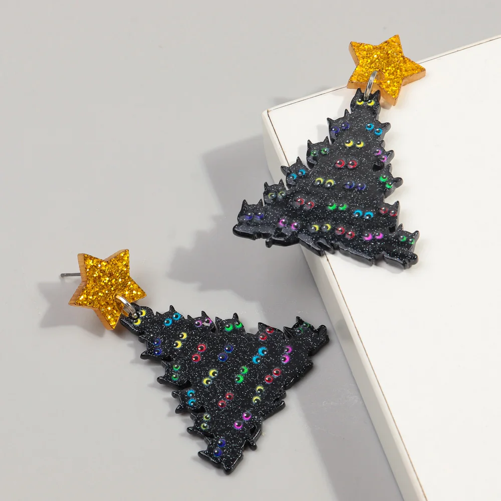 New Christmas Tree Cat Eyeballs Star Acrylic Earrings Pendants for Women Funny Xmas Tree Eyes Drop Earring Halloween Jewelry - Image 5