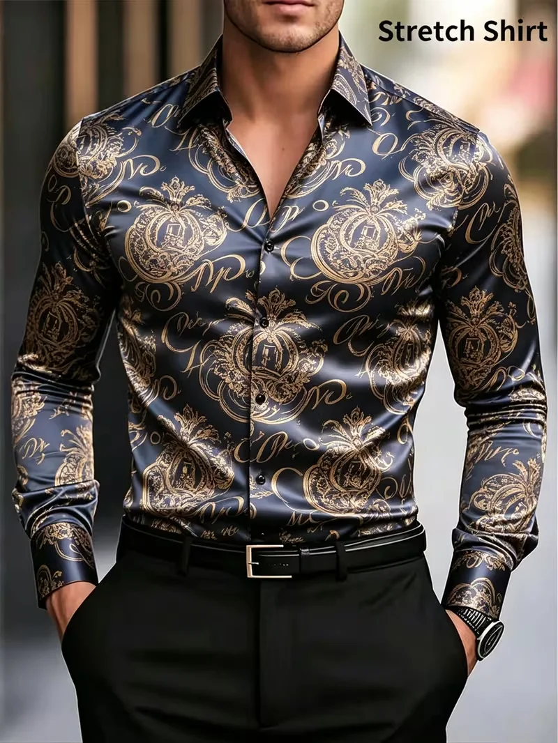 New Light Luxury Geometric Hot Stamping Jacquard Long Sleeved Shirt  British Tough Guy Slim Fit Business men's Shirt