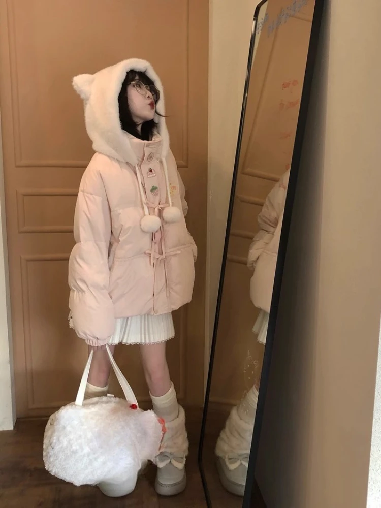 Vintage Kawaii Long Sleeve Loose Coat with Hooded Women Japanese Cute Zipper Sweatshirts Female Casual Y2k Jacket Overcoat Chic