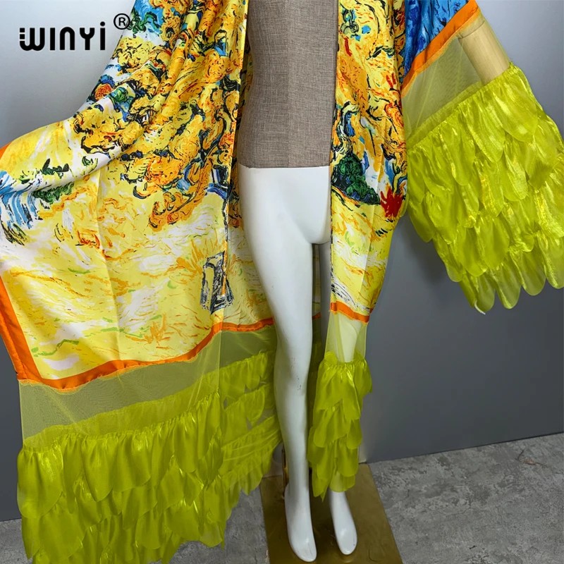 WINYI fashion sexy Kimono Women Print coat Long Sleeve Cardigan abaya dubai luxury beachwear Cover Up boho dress holiday Caftan