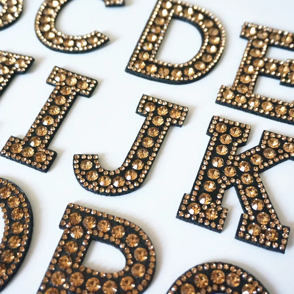 26 Letters Rhinestones Alphabet Champagne Sew Iron On Patches Shining Badges For Name DIY Hat Bag Jeans Clothes Appliques Crafts