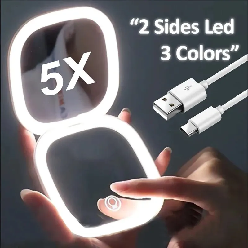 2 Zijkanten Touch Compacte Led 3 Kleuren Mini Opvouwbare Cosmetische Lading Make-Up Spiegel Met Licht 5x Vergrotende Kleine Zak Reizen