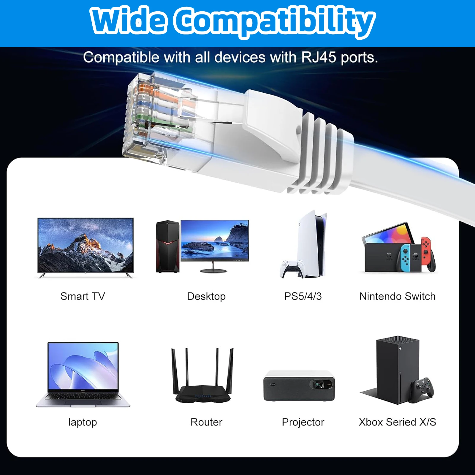 كابل إيثرنت Cat 6 بطول 50 قدمًا، كابل تصحيح كمبيوتر RJ45 Internet LAN المسطح لجهاز التوجيه والمودم والمفتاح ووحدات التحكم في الألعاب والبث #6