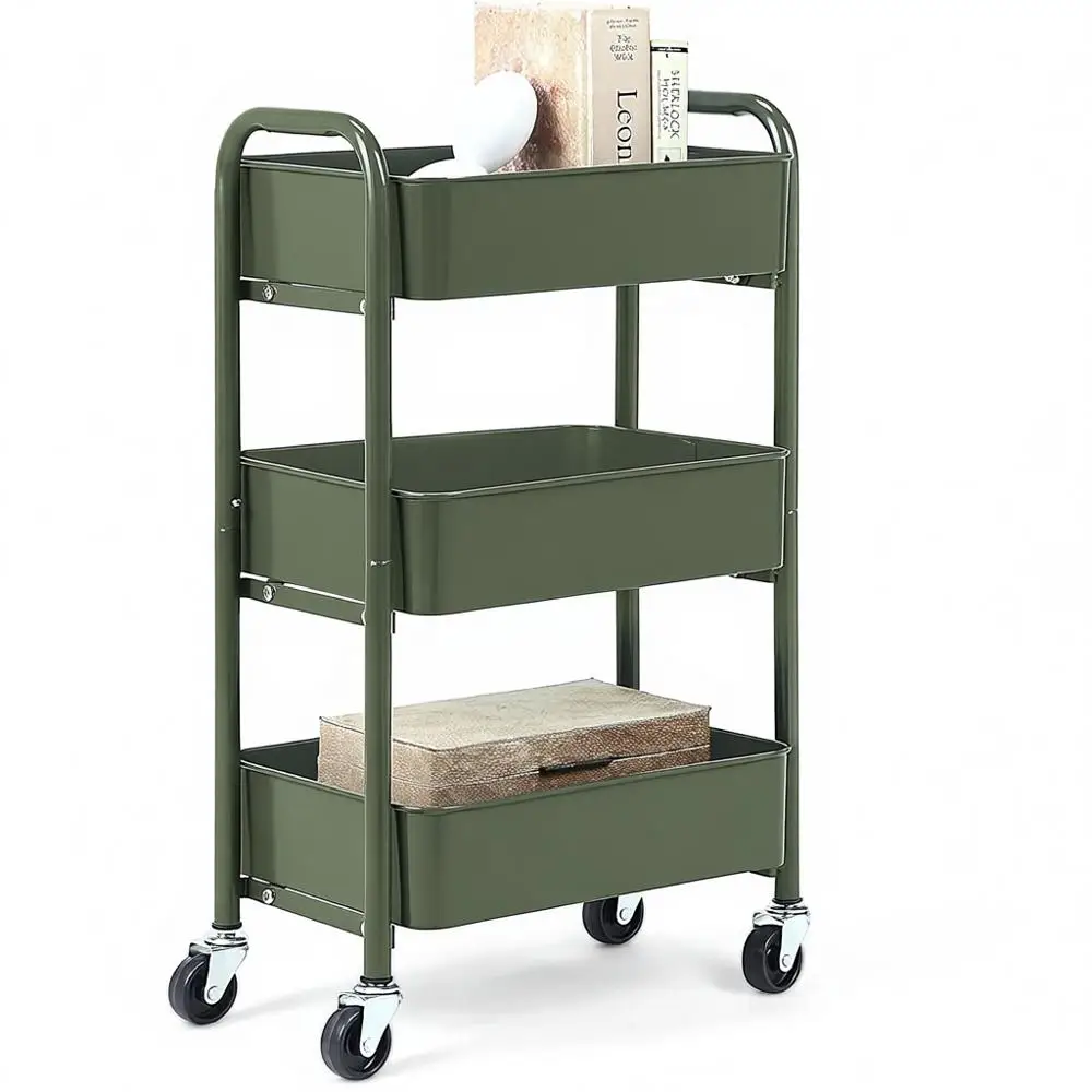 

Трехуровневая компактная металлическая тележка на колесиках - мобильный органайзер для кухни/рабочего стола с роликами