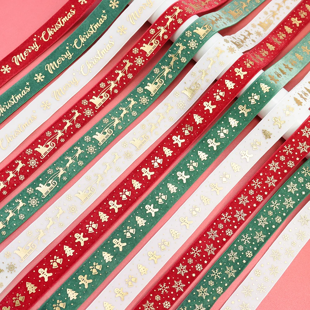 

Luxury 9mm 25mm Gold Foil Christmas Velvet Ribbon Soft Flocked Xmas Ribbon for Gift Wrapping DIY Crafts & Holiday Decor