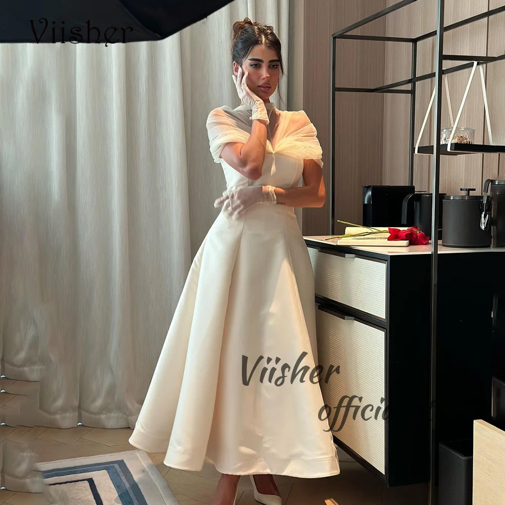 Viisher White A Line Arabia Dubai Wedding Dresses Mono Satin Tulle Elegant Bride Dress Ankle Length Wedding Bridal Gowns