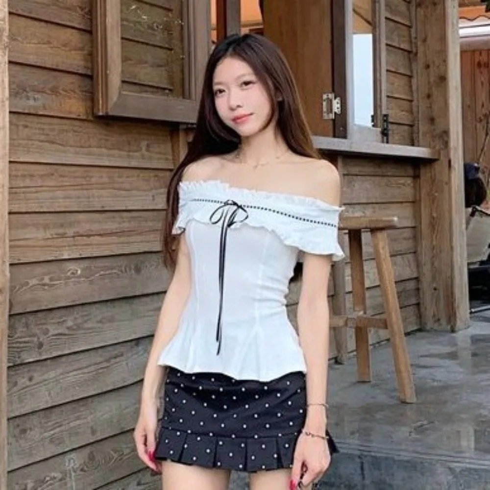 White Off-shoulder Ruffle Shirt Korean Y2K Ins Pleated Collar Ruffle Shirt Tops Lace-up Cute Bow Spicy Girl Style