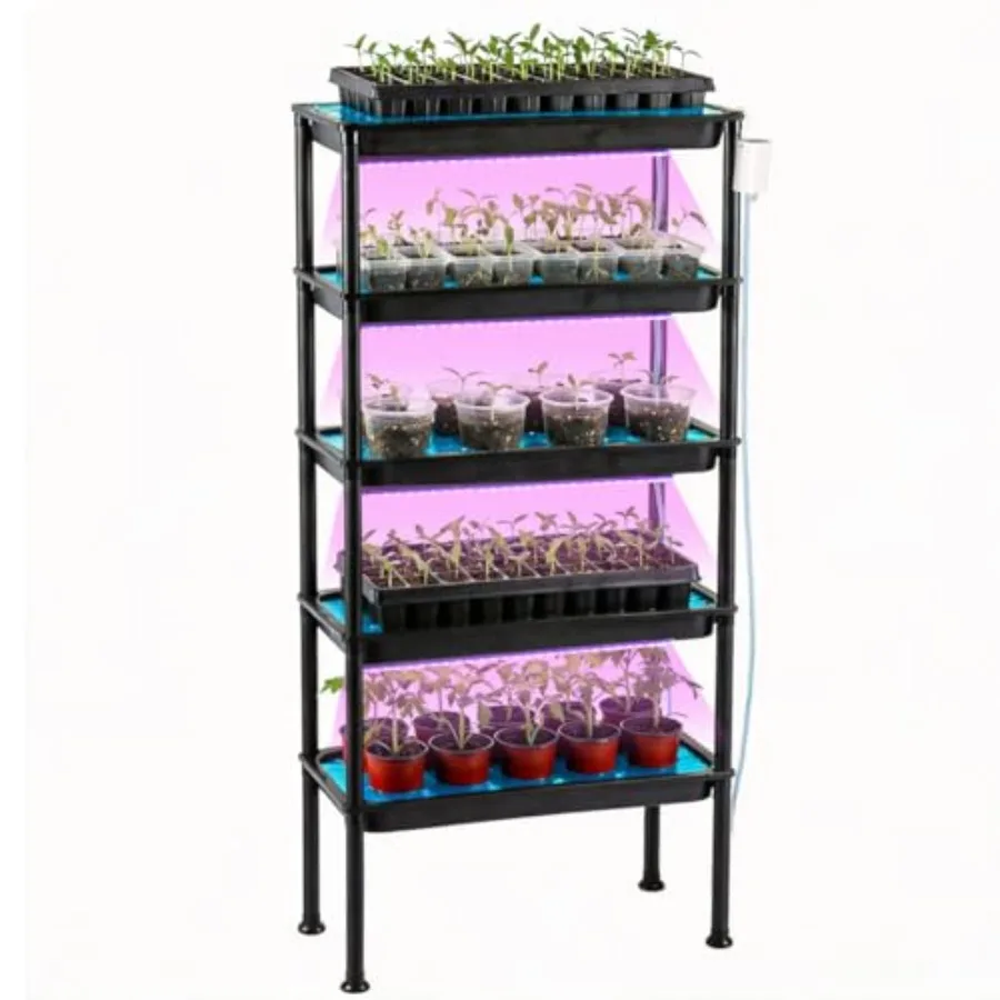 5-Tier hydroponics growing system for nursery cell trays and plant pots, ABS plastic, white, includes grow lights, pump, ebb an