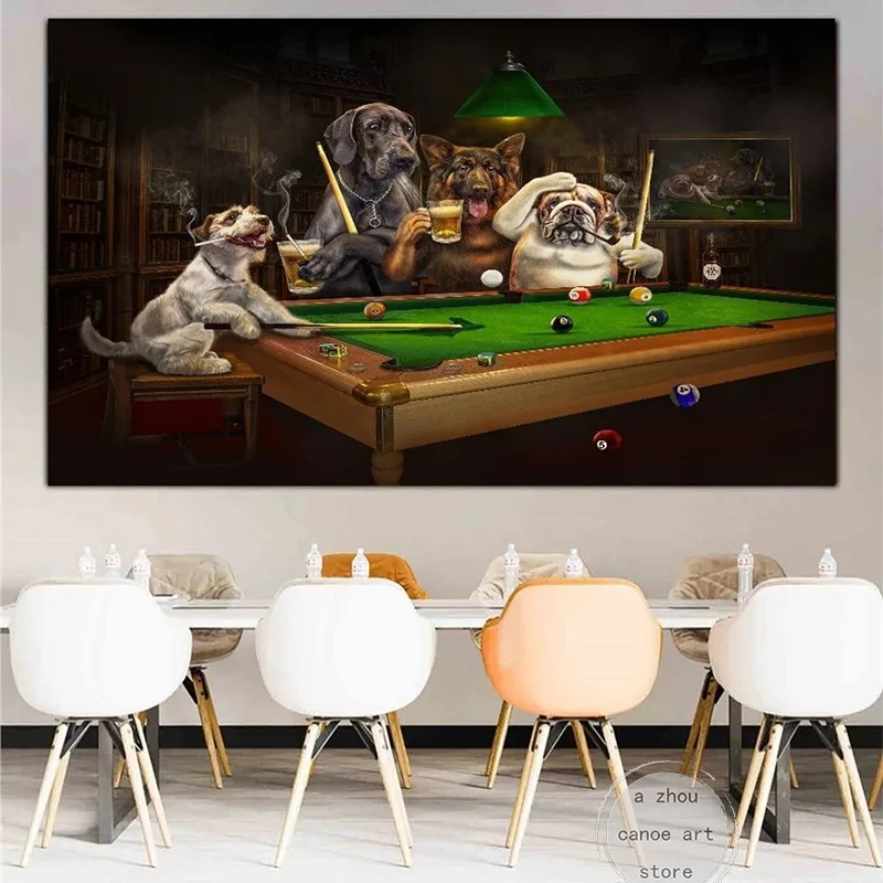 Funny Style Bulldog Dogs Playing Billiard Smoking Cigar Art Poster Canvas Painting Wall Prints Picture Living Room Home Decor