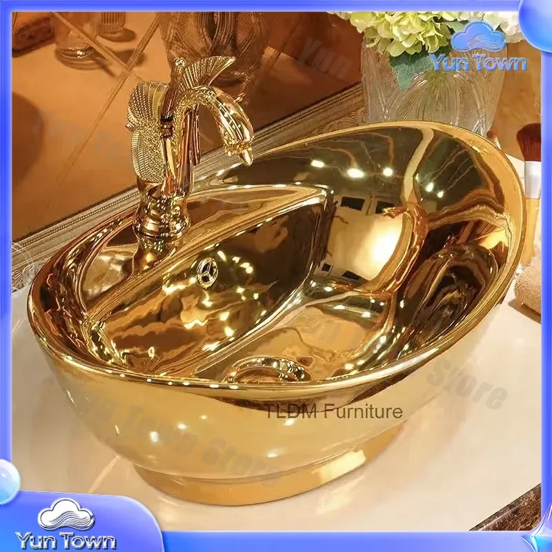 Ceramic Bathroom Sink for Modern Home Decor Art European Style Wash Basin for Hand Washing Gold Tone Toilet Basin for