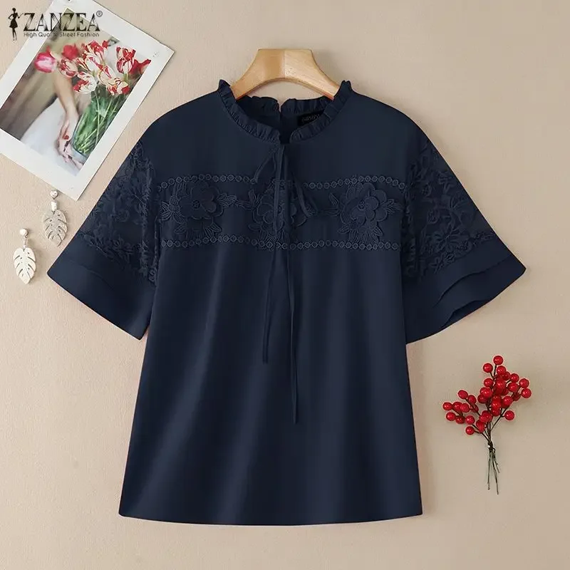 

2026 ZANZEA Summer Elegant Lace -Up Holiday Shirt Women Blouse Short Sleeve Embroidered Floral Tops Stylish Hollow Out Blouses