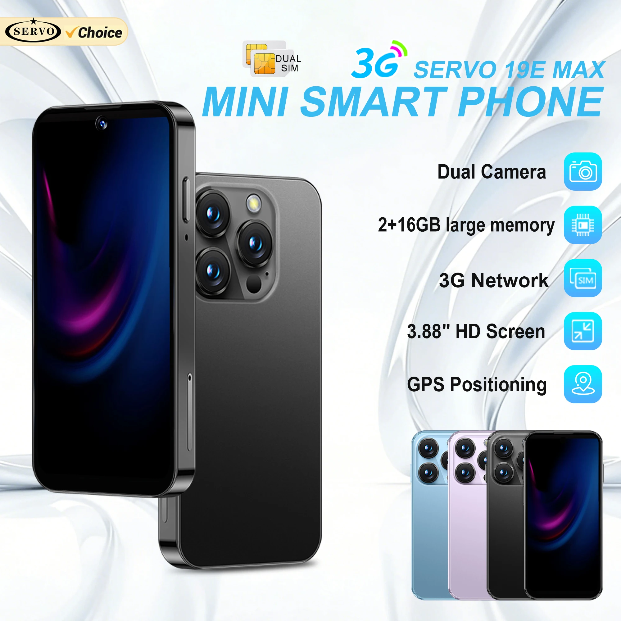 SERVO 19E MAX 3G Mini Smartphone Android10 System 3.88 inch Display 2GB RAM 16GB ROM Google Store 2 SIM Small Smart Mobile Phone