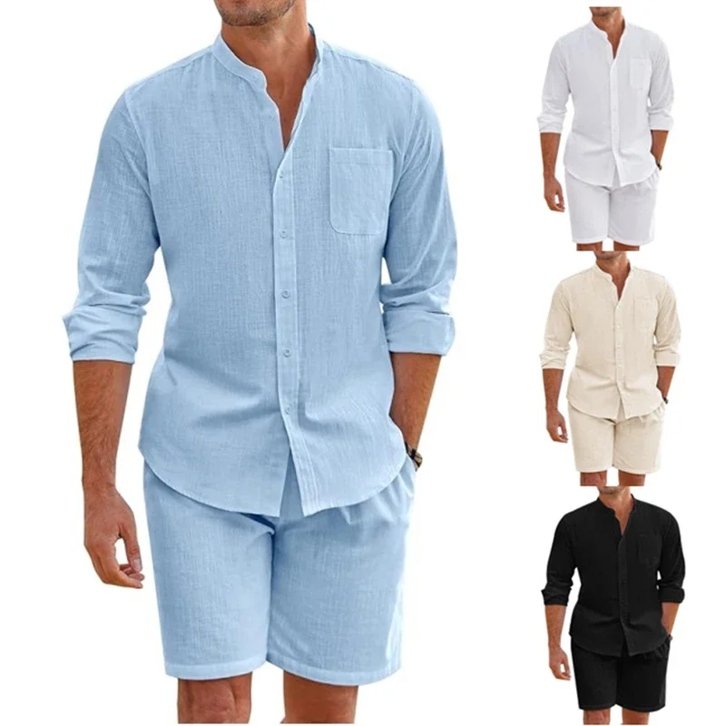 Täglich lässig atmungsaktive Baumwoll-Leinen-Outfits Herren Vintage Stehkragen Button-up-Shirts und Shorts ets für Herren bekleidung Sommer