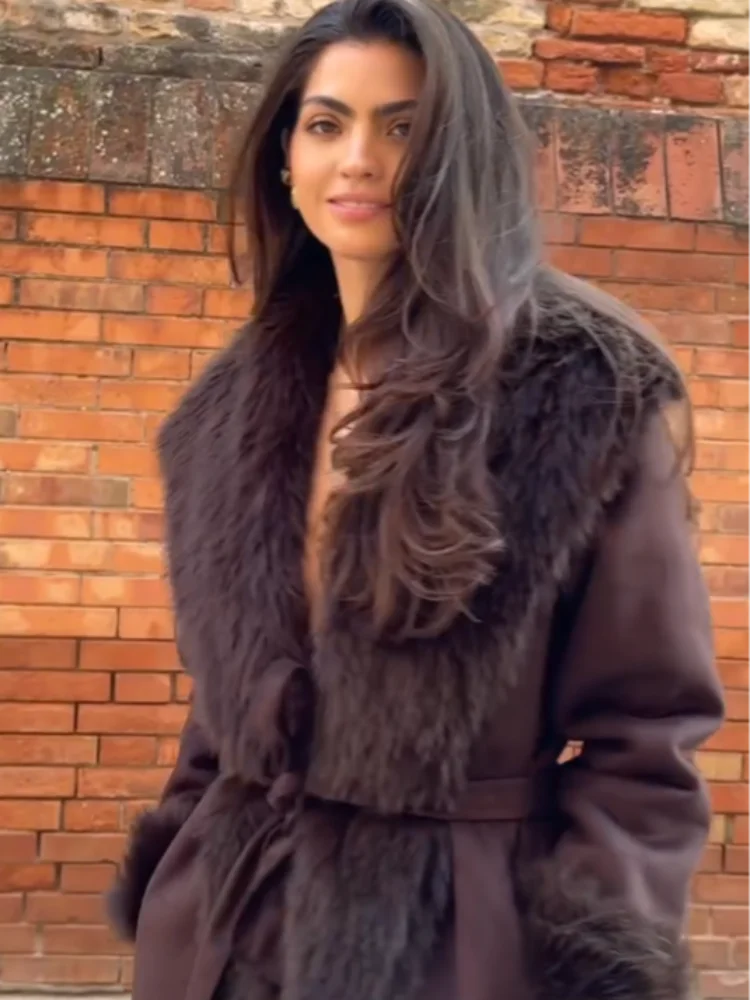 Módní oboustranný dlouhý kabát z umělé kožešiny s páskem pro ženy, ležérní teplý kabát s dlouhým rukávem, dámský zimní streetwear 2025 - náhled 3