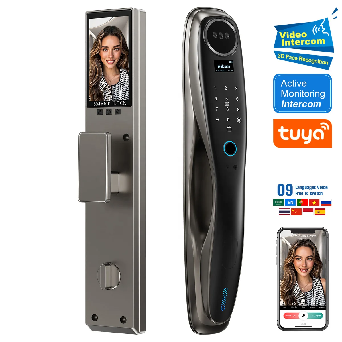 HanDaily Video Monitoring Intercom 3D Face Recognition Tuya Smart Lock Password Card Key Unlock Digital Lock Smart Home Products