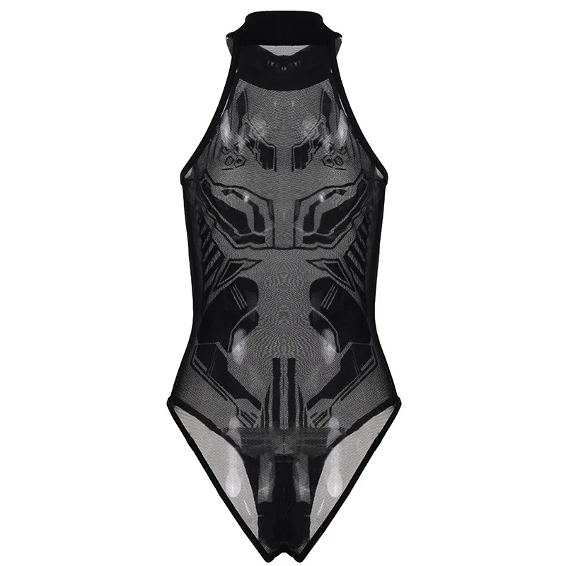Fashion women's printed hollow out see through casual sexy jumpsuit