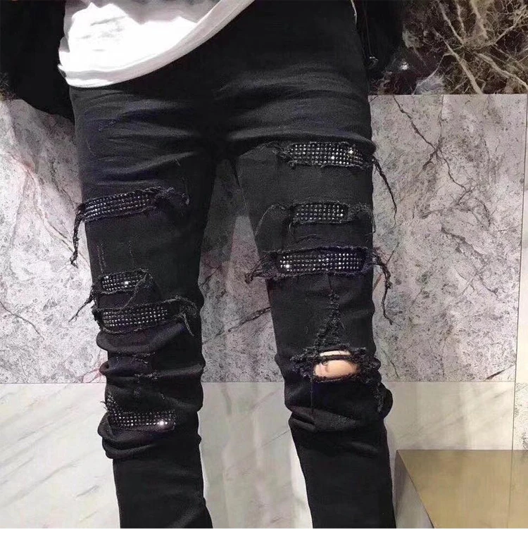 Men\'s Jeans Black Slim Skinny Crystal Rhinestone Patchwork Ripped Jeans For Men Fashion Patch Black Stretch Denim Pants 565