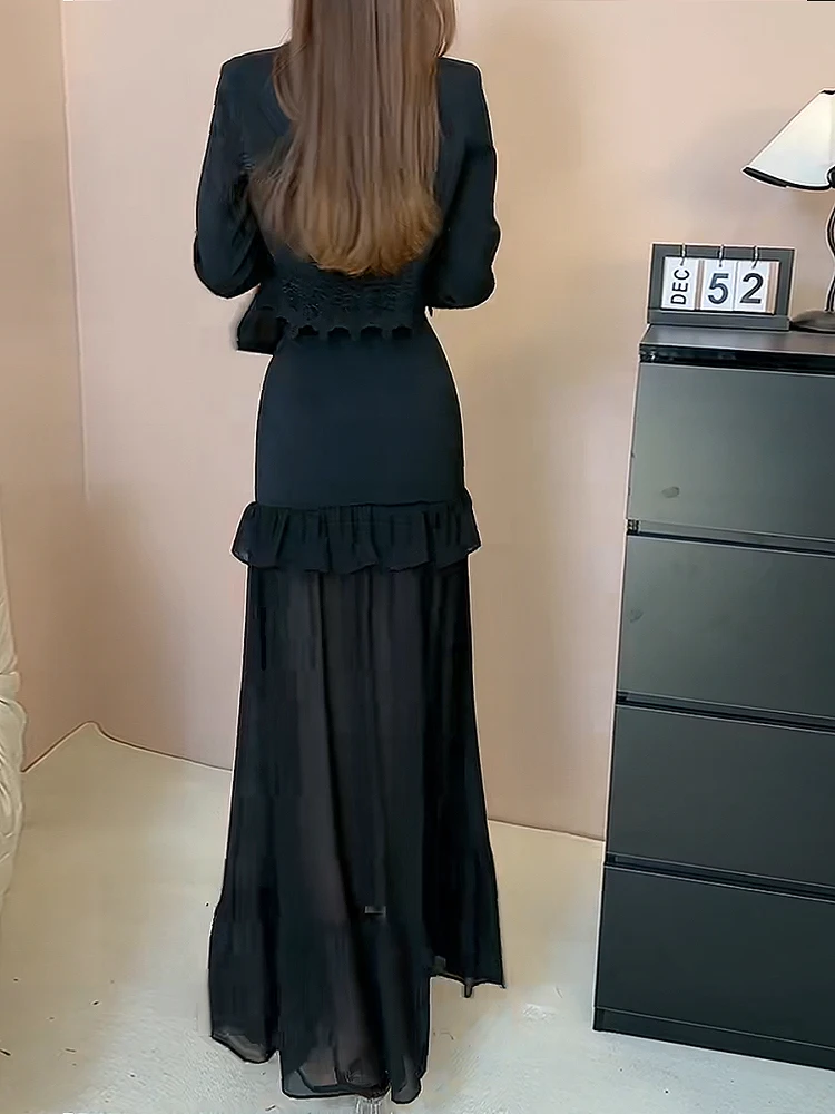 Ele ort Pak Jaet En Me Rokset Dames Lente Herfst Hoge Taille A-lijn Dr Tweedelige Set Kraag Rits C...