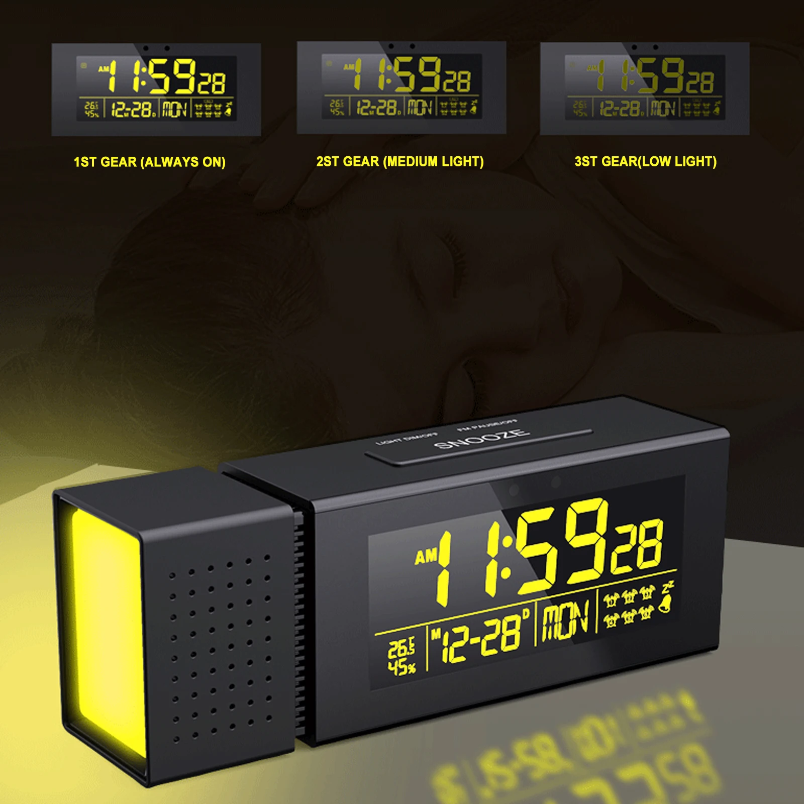 Multifunctional LED Digital Alarm Clock FM Radio Desk Clock with Night Light Infrared Sensor Temperature Humidity Display Clock