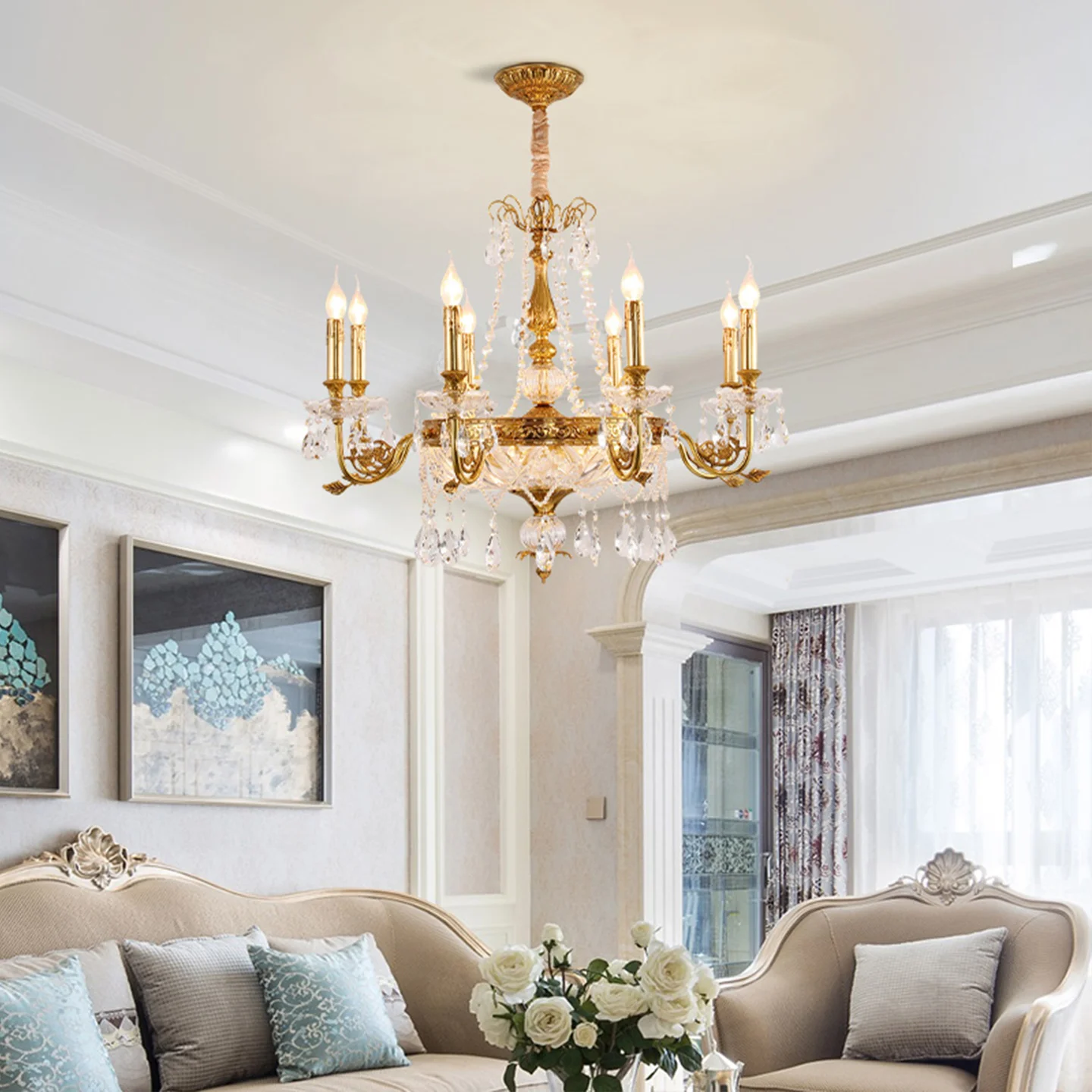 French Baroque Villa Living Room Luxury Crystal Brass Chandelier European Banquet Hall Church Art Decorative Pendant Lamp
