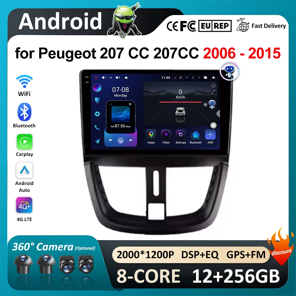 Android Intelligent System Car Radio Multimedia Player Carplay for Peugeot 207 CC 207CC 2006 - 2015 Touch Screen 4G+WiFi BT GPS