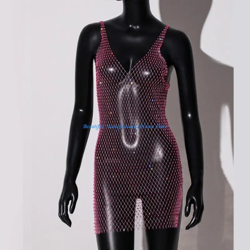 

E56A Women Rhinestones Short Bodycon Dress Sleeveless VNeck Split Party Dress