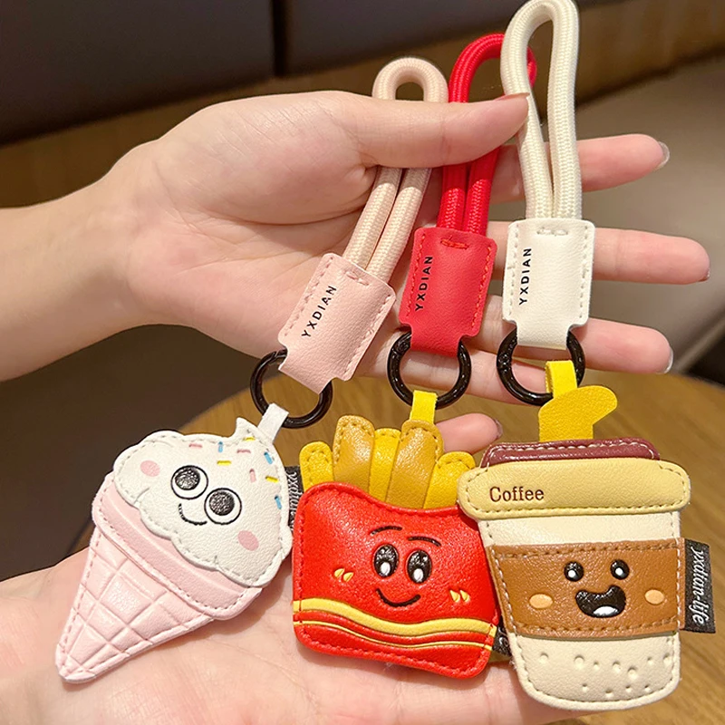 Creative Cartoon Leather Snacks Keychain Cute French Fries Coffee Ice Cream Couple Bag Pendant