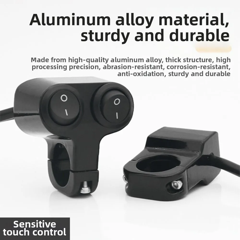 12~100V Motorcycle Spotlight Headlight Switch Universal Aluminum 7/8in Dual Button Control 2/3 Line High and Low Beam Waterproof