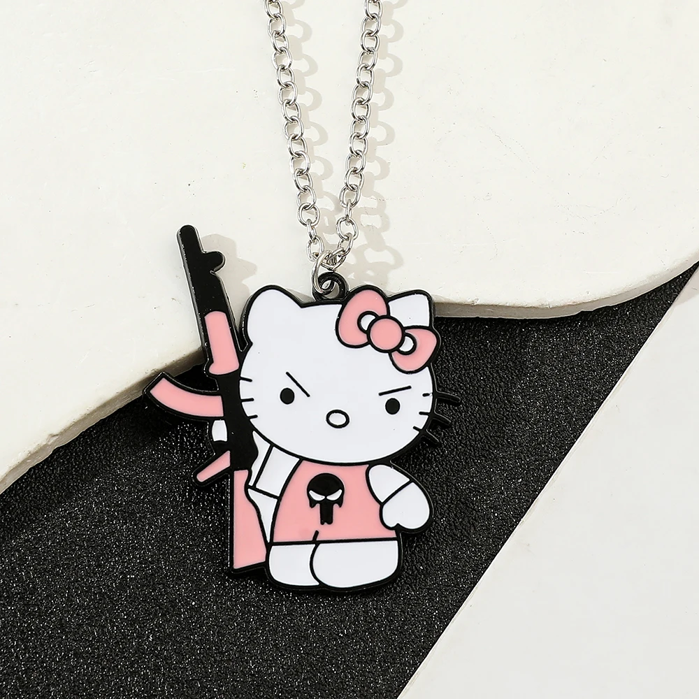 Funny Pink AK 47 Hello Kitty Necklace Kawaii Anime Sanrio Kitty Cat Metal Jewelry Pendant Man Toys