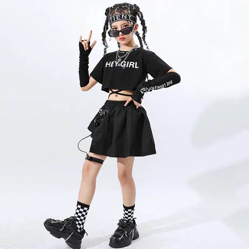 Girls Hip Hop Plaid Crop Top Strap Skirt Child Streetwear Cool Goth Clothes Sets Street Dance T-shirt Kids Summer Jazz Costumes