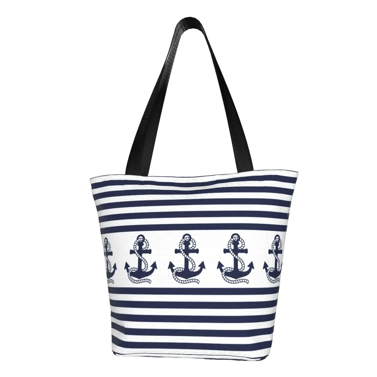 Custom Nautical Stripe Navy Blue Anchor Groceries Shopping Bags Canvas Shopper Shoulder Tote Bags Large Capacity Durable Handbag