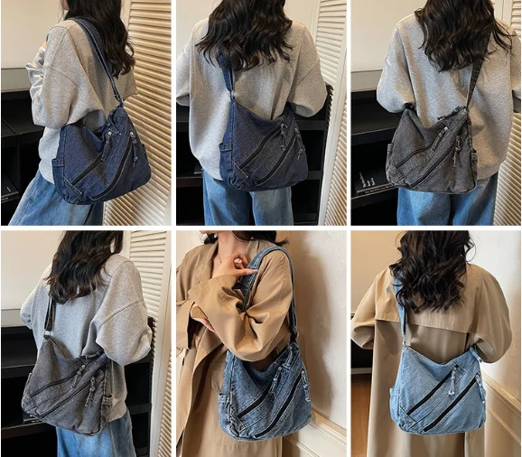 Denim Shoulder Bag for Women Multi-Pocket Canvas Messenger Bags with Wide Strap Casual Females Crossbody Purse Bolso de mujer 가방