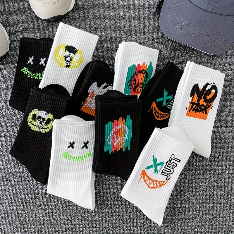 5/10 Pairs Women Men Crew Socks Cool Cartoon Pattern Couple Funny Socks Middle Tube Basketball Socks Paired Halloween