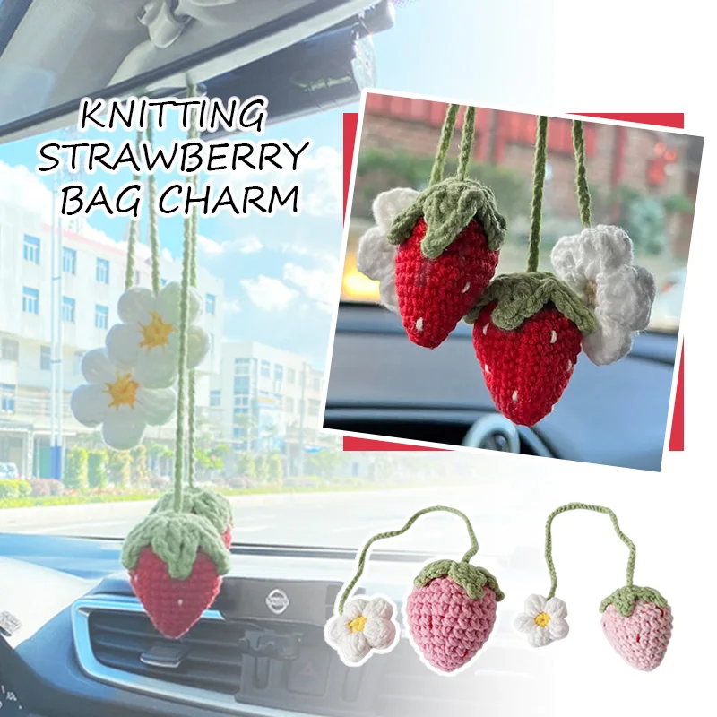 

Sweet Cute Strawberry Fruit Car Decor Crochet Red/Pink Strawberry Car Hanging Teens Interior Rear View Mirror Decoration