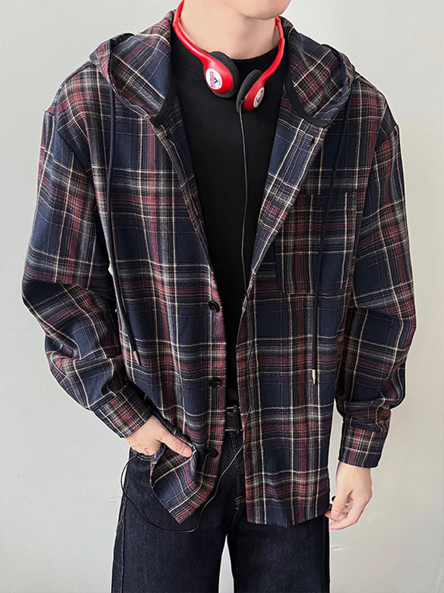 

Oversize Plaid Long Sve irt Men's Casual Hoodie Sle Autumn Faion Color Blo Pattern Comfortable Fit Youth Clothing