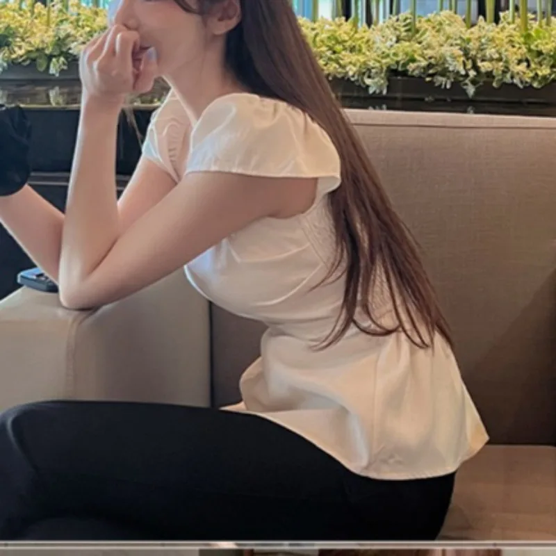 Hauts péplum à lacets, couche drapée, mignons et doux pour filles du japon, rétro, solide, col carré, taille fine, chemisiers Design Chic Y2K