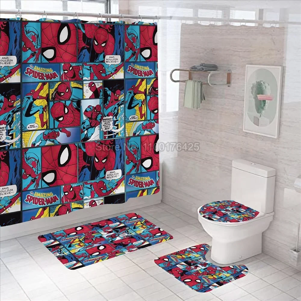 3D Printing Spiderman Shower Curtain Carpet Toilet Cover Cartoon Bath Mat Rug Pad Set Bathroom Decor Kids Gifts