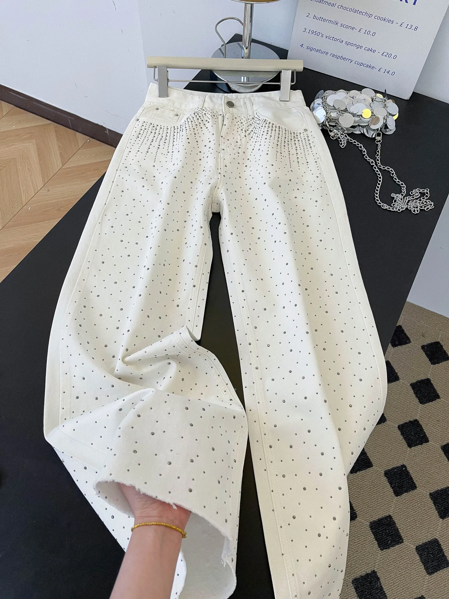 Retro Fashion Shiny Rhinestone Denim Pants Women High Street High Waist Wide Leg Jeans 2026 Spring New Loose Casual Trousers