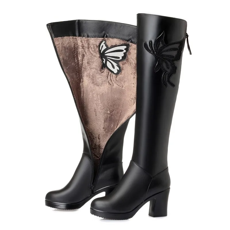 AIYUQI Women Knee High Boots 2024 New Winter Genuine Leather Plus Velvet Ladies Knight Boots Fashion Butterfly Long Boots Women