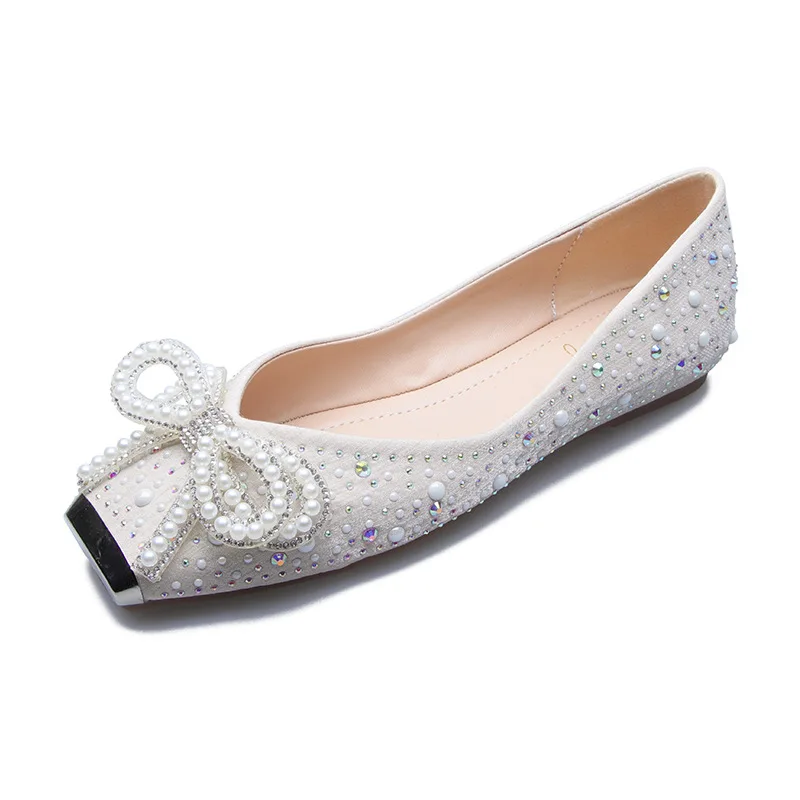 

Весенние туфли на низком каблуке с плоской подошвой, женские туфли в Корейском стиле с бантом и стразами, женская обувь с французской квадратной головкой и неглубоким носком