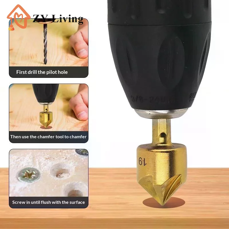 3/6Pcs Hexagonal Handle Titanium Plated Five Edge Chamfering Knife Countersunk Drill 6-19mm Woodworking Spot Facer Tool Set