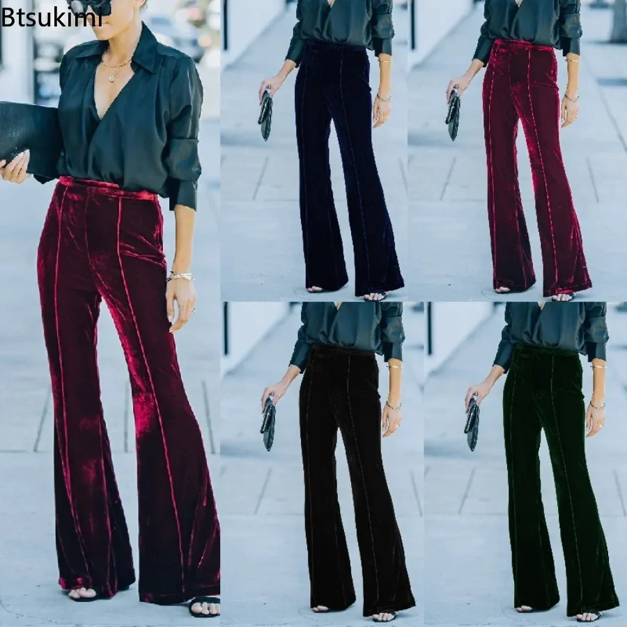 

New 2024 Velvet Pants Women Autumn Winter Velour Flared Pants Female Trousers Bell Bottoms High Waist Pants for Women Streetwear