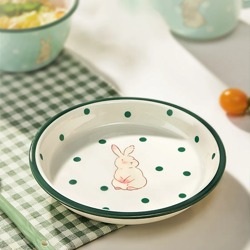 لطيف أرنب السيراميك أواني الطعام مجموعة الأطفال وعاء الأرز رسمت باليد الكرتون سعة كبيرة طبق فاكهة فرن الميكروويف الآمن