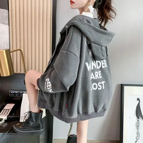 

Корейская утепленная флисовая куртка-кардиган на молнии с капюшоном для женщин, повседневная, с длинным рукавом, для работы и отдыха, осенне-зимняя, модная